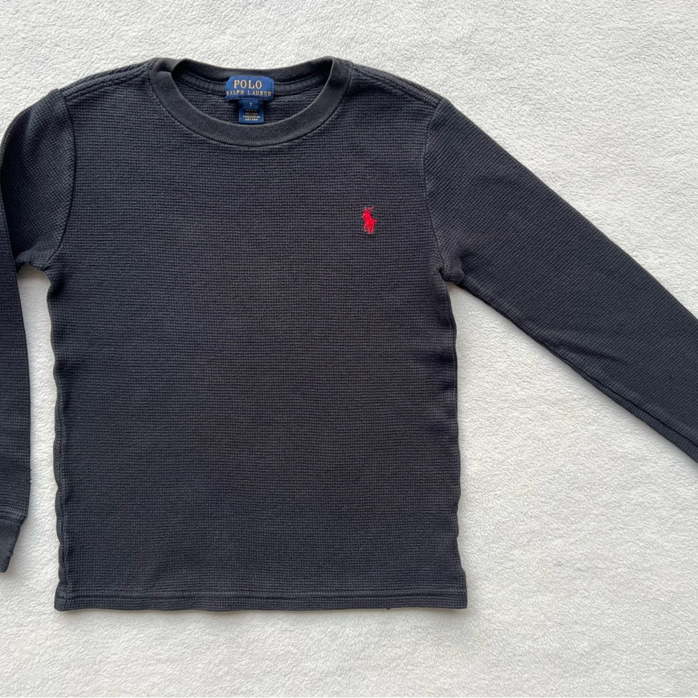 Polo by Ralph Lauren Boys’ 7 Long Sleeve Waffle Knit Black Tee Logo